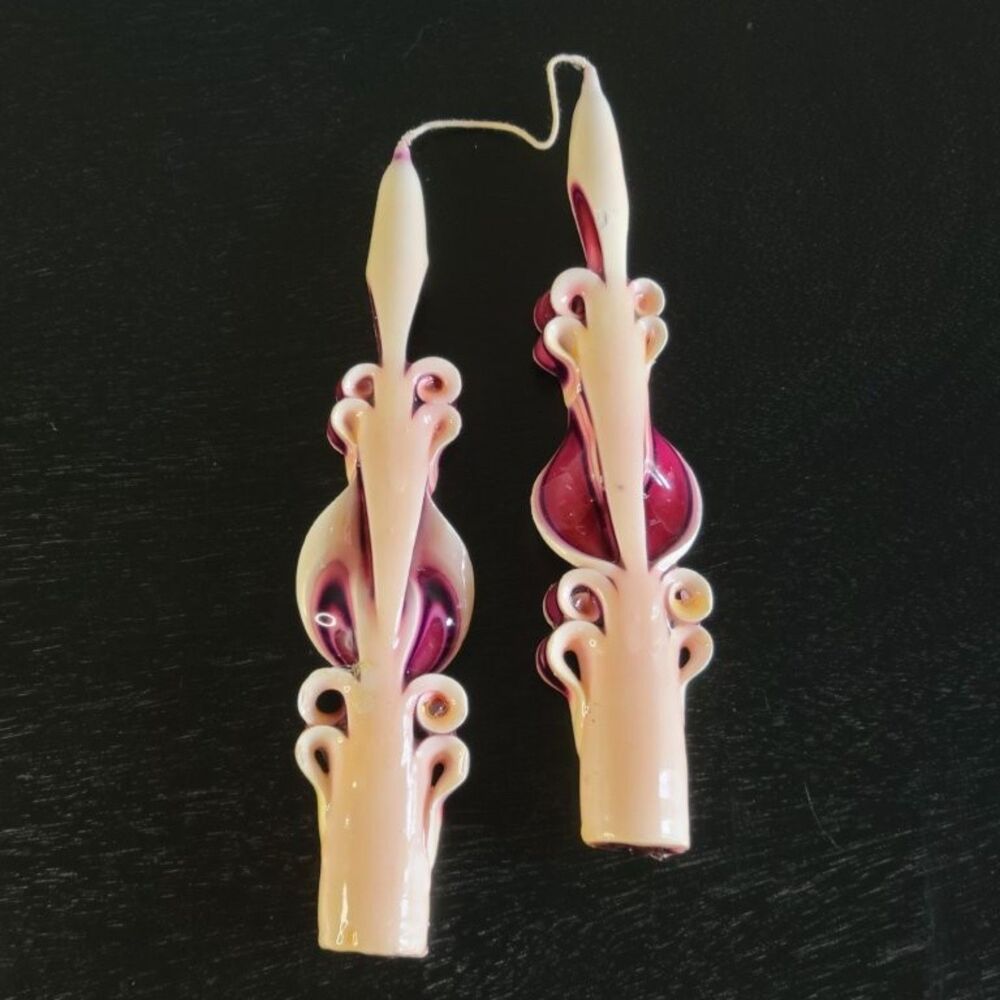 Hand Carved Ribbon Taper Candles Pair 6.5" Burgundy Cream Swirl